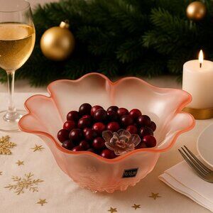 Mikasa Rosella Pink Glass Bowl Frosted Scalloped Edges Holiday Cottagecore Decor